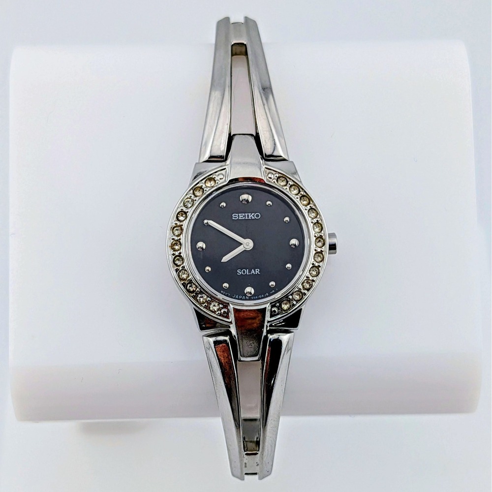 Seiko V114-0AF0 Solar Women's Watch Black Sunburst Dial Swarovski Crystal 6"